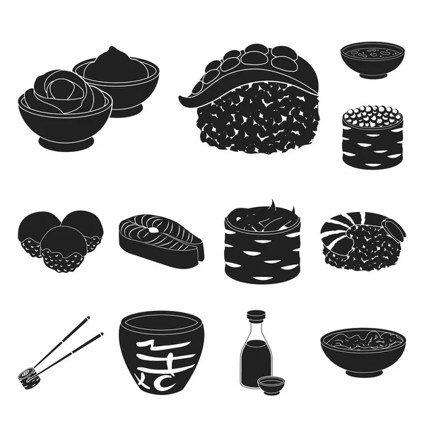 Sushi i przyprawy czarny ikony w kolekcja zestaw do projektowania. Owoce Jedzenie, akcesoria wektor symbol akcji web ilustracja. — Wektor stockowy