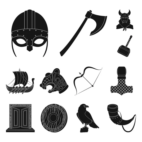 Βίκινγκς και τα χαρακτηριστικά μαύρα εικονίδια στη συλλογή σετ για σχεδιασμό. Παλιά Σκανδιναβική πολεμιστής διάνυσμα σύμβολο μετοχής web εικονογράφηση. — Διανυσματικό Αρχείο