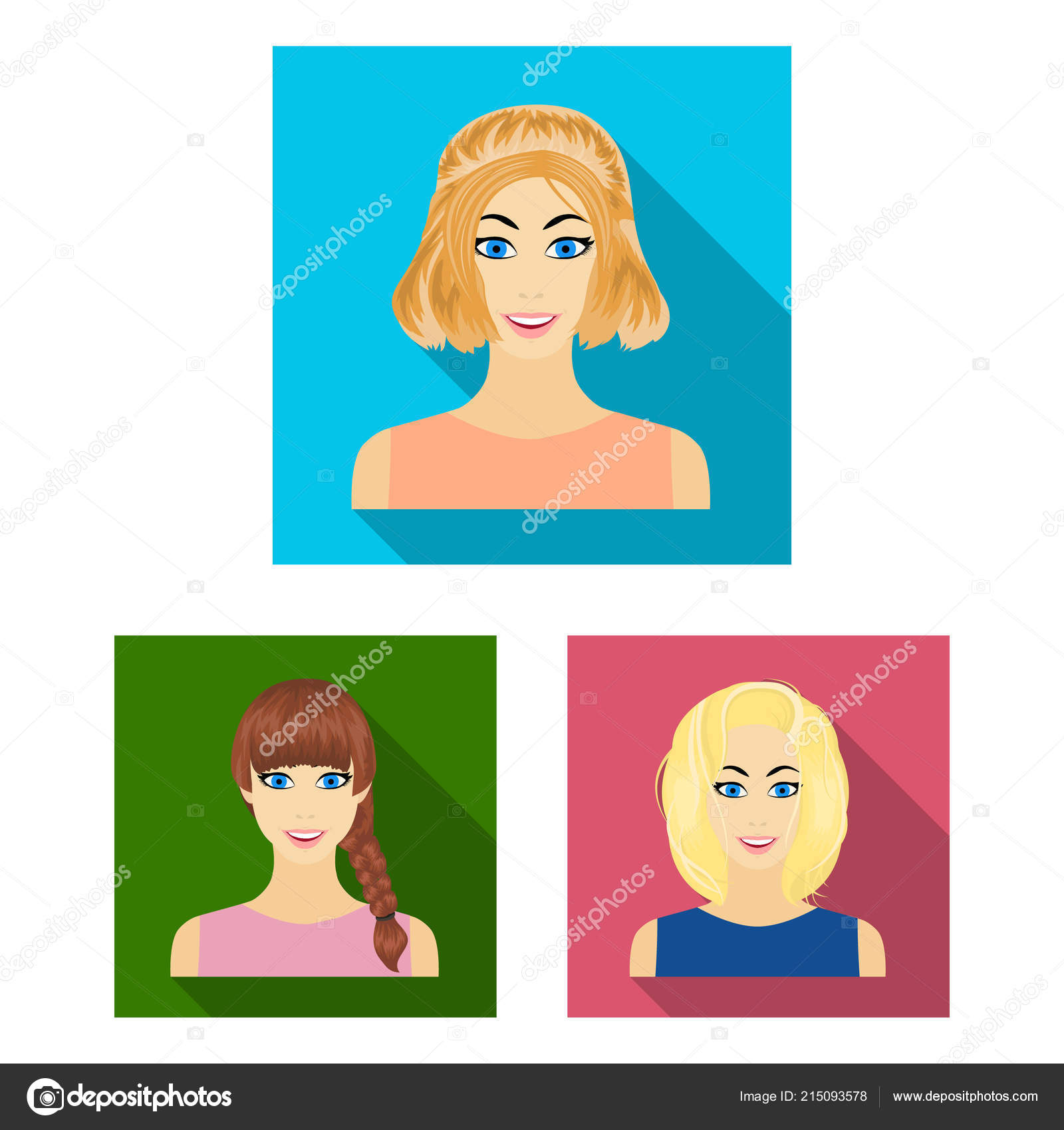Types Of Female Hairstyles Flat Icons In Set Collection For Design