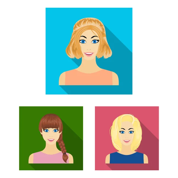 Types of female hairstyles flat icons in set collection for design. Appearance of a woman vector symbol stock web illustration. — Stock Vector