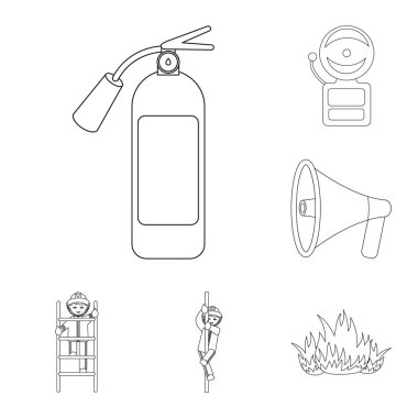 İtfaiye anahat simgeleri set koleksiyonu tasarım için. İtfaiye eri ve ekipman sembol stok web illüstrasyon vektör.