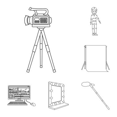 Bir film anahat simgeleri set koleksiyonu tasarım için yapma. Öznitelikleri ve ekipman sembol stok web illüstrasyon vektör.