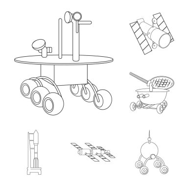 Uzay teknolojisi anahat simgeleri set koleksiyonu tasarım için. Sembol stok web illüstrasyon vektör uzay aracı ve ekipman.