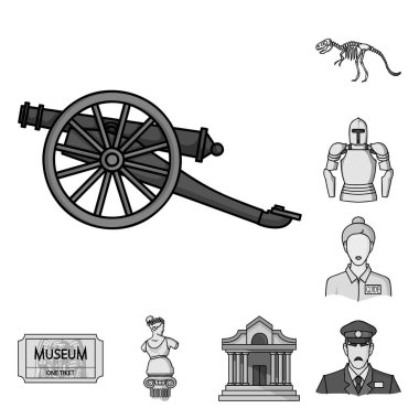 Müze ve Galeri tek renkli simgeler set koleksiyonu tasarım için. Depolama ve serginin görülmeye değer parça sembol stok web illüstrasyon vektör.