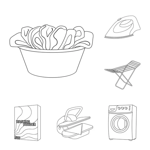 Icone di contorno attrezzature lavaggio a secco nella collezione set per il design. Lavaggio e stiratura vestiti vettoriale simbolo stock web illustrazione . — Vettoriale Stock