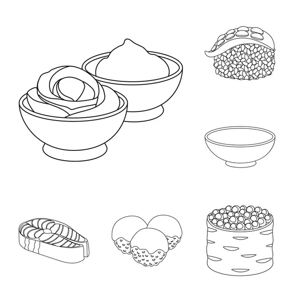 Иконки суши и приправы в наборе коллекции для дизайна. Морепродукты питания, векторные векторные символы для веб-иллюстраций . — стоковый вектор
