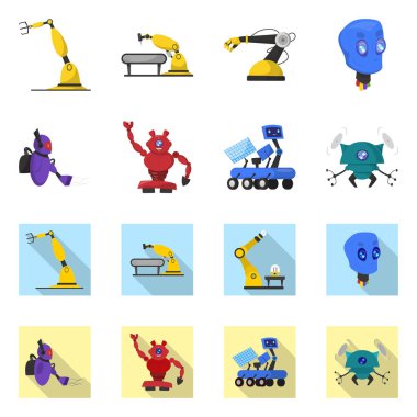 Robot ve fabrika işareti vektör Illustration. Hisse senedi için robot ve uzay vektör simge kümesi.