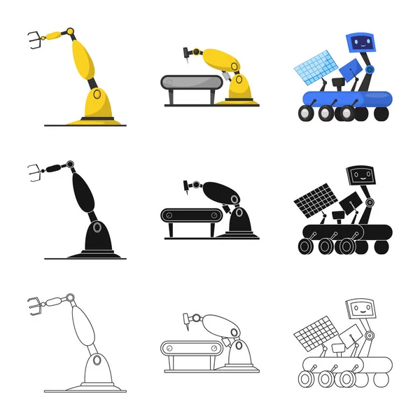 Изолированный объект робота и логотип завода. Набор иконки робота и космического вектора для склада . — стоковый вектор