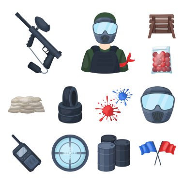 Paintball takım oyun karikatür simgeleri set koleksiyonu tasarım için. Ekipman ve kıyafet sembol stok web illüstrasyon vektör.
