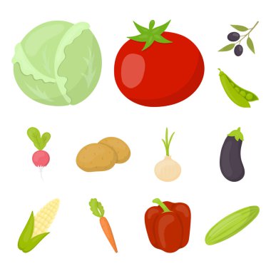 Sebze çeşitleri set koleksiyonu tasarım için simgeleri karikatür. Sembol stok web illüstrasyon vektör sebze ve vitaminler.
