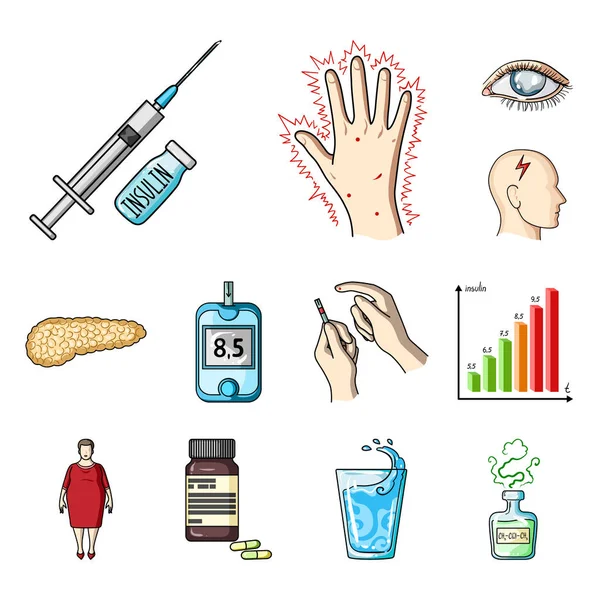 Diabetes tecknad ikoner i set insamling för design. Behandling av diabetes vektor symbol lager web illustration. — Stock vektor