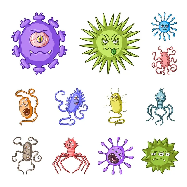 Vicces mikrobák típusú ikonok beállítása gyűjtemény, design rajzfilm. Kórokozó mikrobák szimbólum állomány honlap illusztráció vektor. — Stock Vector