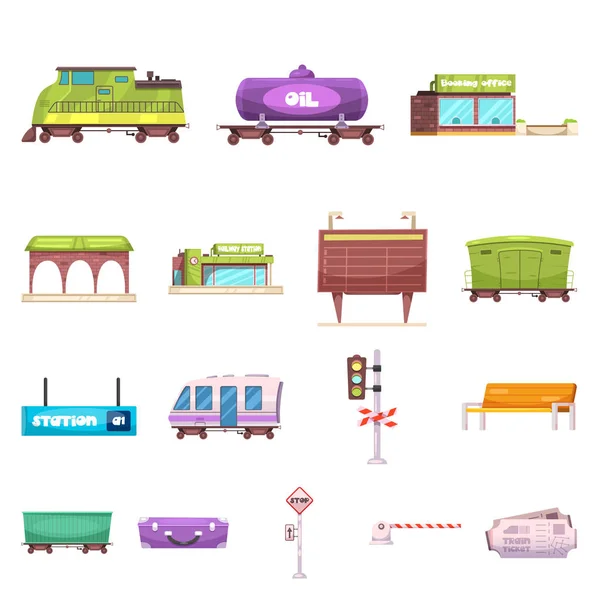 Illustration vectorielle du logo du train et de la gare. Collection d'illustrations vectorielles de stock de trains et de billets . — Image vectorielle