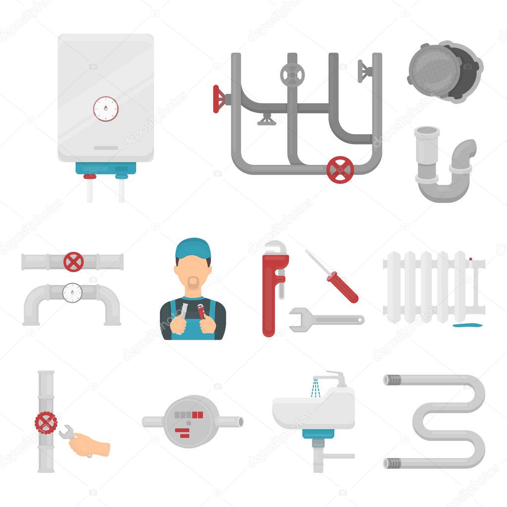 Plumbing, fitting cartoon icons in set collection for design. Equipment and tools vector symbol stock  illustration.