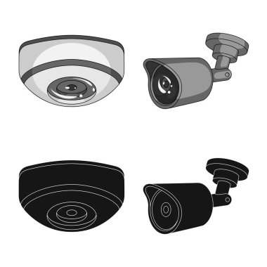 Cctv ve kamera logosu yalıtılmış nesne. Web için cctv ve sistem hisse senedi simgesi kümesi.