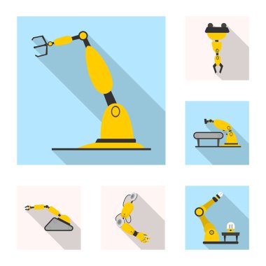 Robot ve fabrika simgesi yalıtılmış nesne. Hisse senedi için robot ve uzay vektör simge kümesi.