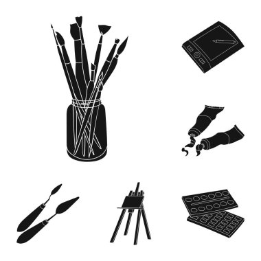 Ressam ve set koleksiyonu tasarım için çizim siyah simgeler. Sanatsal aksesuarları sembol stok web illüstrasyon vektör.