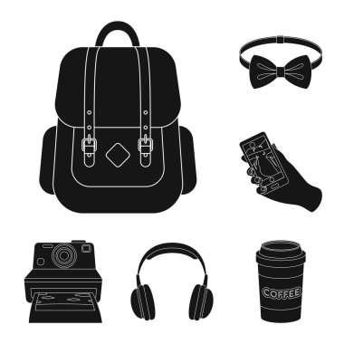 Set koleksiyonu tasarım için stil Hipster siyah simgeler. Sembol stok web illüstrasyon vektör hipster öznitelikleri ve aksesuarları.