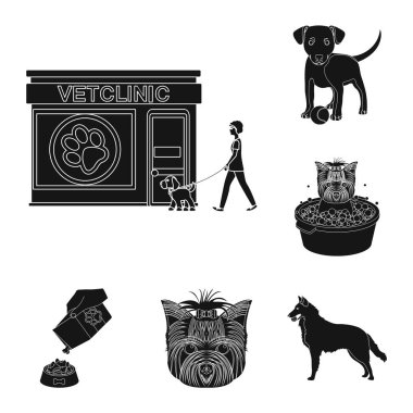 Set koleksiyonu tasarım için evde beslenen hayvan siyah simgeler. Bakım ve eğitim sembol stok web illüstrasyon vektör.