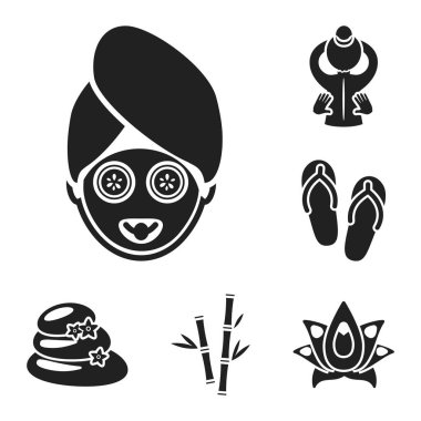 Set koleksiyonu tasarım için simgeler siyah Spa salonu ve ekipmanları. Rahatlama ve dinlenme sembol stok web illüstrasyon vektör.