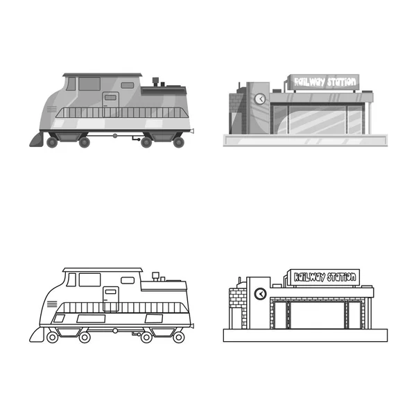 Vector illustratie van trein en station teken. Set van trein en ticket stock vectorillustratie. — Stockvector