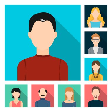 Avatar ve yüz düz simgeler set koleksiyonu tasarım için. Bir kişi s görünüm vektör simge stok web çizim.