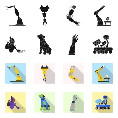 Robot ve fabrika logosu yalıtılmış nesne. Robot ve uzay hisse senedi vektör çizim topluluğu.