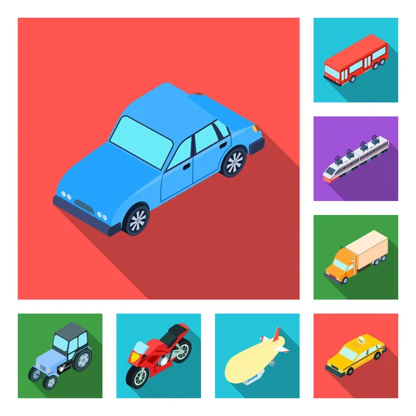 Diversi tipi di trasporto icone piatte nella collezione set per il design. Auto e nave isometrico vettoriale simbolo stock web illustrazione . — Vettoriale Stock