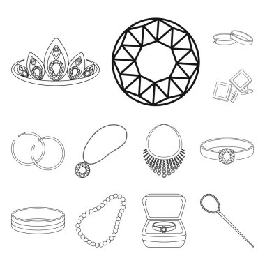 Takı ve aksesuarlar set koleksiyonu tasarım için simgeleri anahat. Dekorasyon vektör simge stok web çizimi.