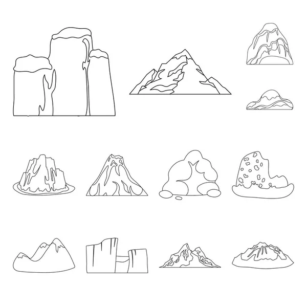 Різні гори окреслюють піктограми в наборі для дизайну. Гори та пейзаж Векторний символ стокової веб-ілюстрації . — стоковий вектор