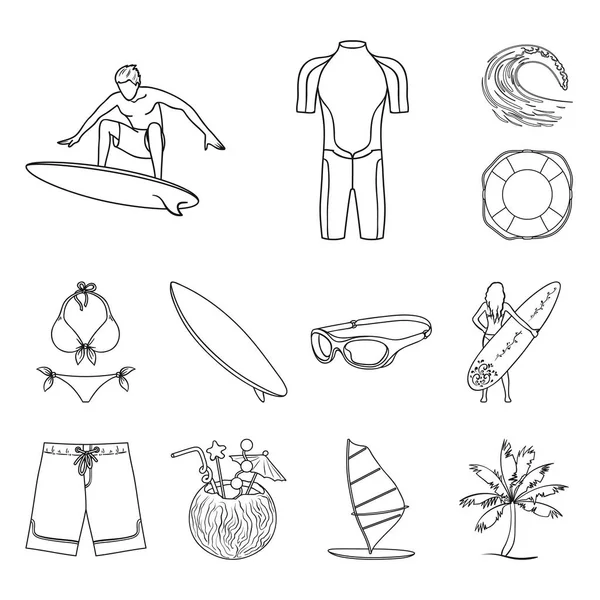 Icônes de surf et de contour extrême dans la collection de set pour le design. Surfeur et accessoires symbole vectoriel stock web illustration . — Image vectorielle