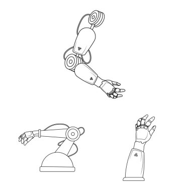 Robot ve fabrika işareti vektör tasarımı. Web için robot ve uzay hisse senedi simgesi kümesi.