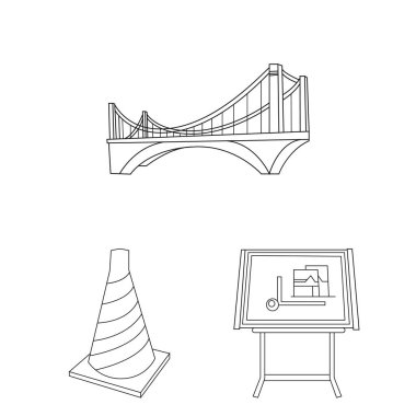 Mimarlık ve inşaat set koleksiyonu tasarım için simgeleri anahat. Mimar ve ekipman sembol stok web illüstrasyon vektör.