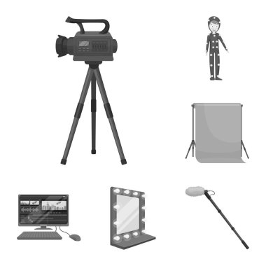 Film tek renkli simgeler set koleksiyonu tasarım için yapma. Öznitelikleri ve ekipman sembol stok illüstrasyon vektör.