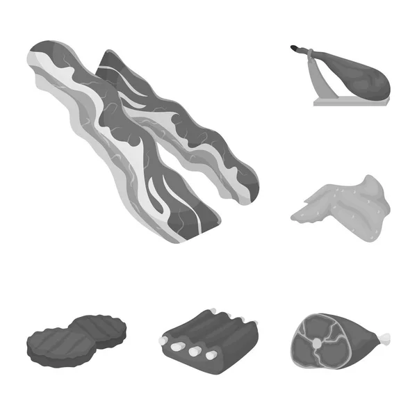 Different meat monochrome icons in set collection for design. Meat product vector symbol stock web illustration. — Stock Vector