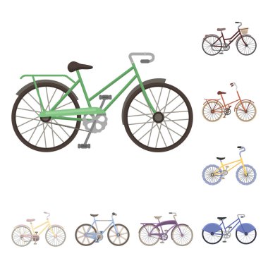 Çeşitli Bisiklet set koleksiyonu tasarım için simgeleri karikatür. Ulaşım vektör simge stok örnek tür.