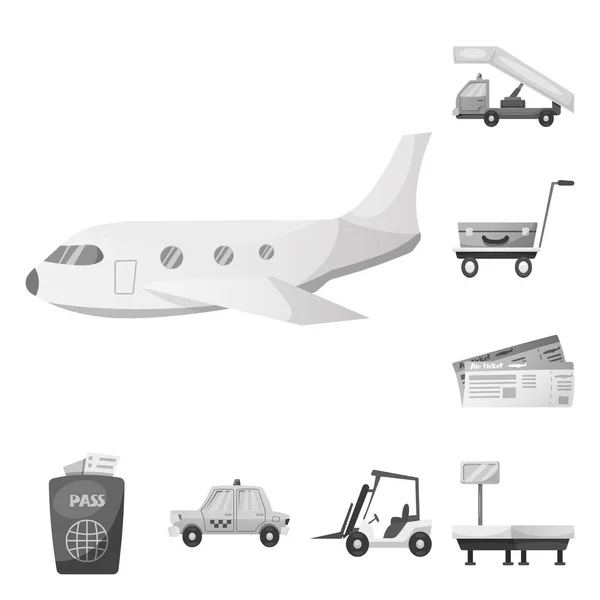 Vektorillustration des Flughafen- und Flugzeugsymbols. Set von Flughafen- und Flugzeugvektorillustration. — Stockvektor