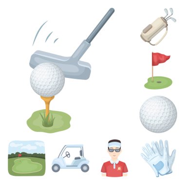 Golf ve öznitelikleri set koleksiyonu tasarım için simgeleri karikatür. Golf Kulübü ve ekipman sembol stok web illüstrasyon vektör.