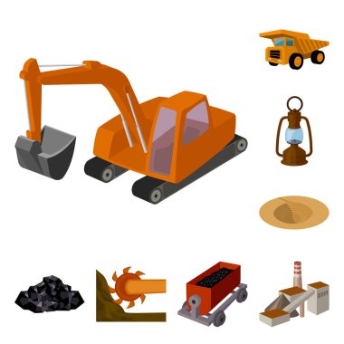 Madencilik Sanayi karikatür simgeleri set koleksiyonu tasarım için. Cihazlar ve sembol stok web illüstrasyon vektör.