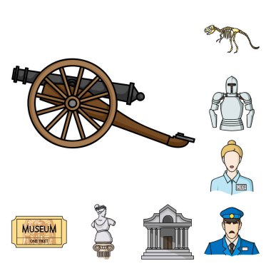 Set koleksiyonu tasarım için müze ve Galeri karikatür simgeler. Depolama ve serginin görülmeye değer parça sembol stok web illüstrasyon vektör.