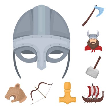 Vikingler ve öznitelikleri set koleksiyonu tasarım için simgeleri karikatür. Eski İskandinav savaşçı vektör simge stok web çizimi.