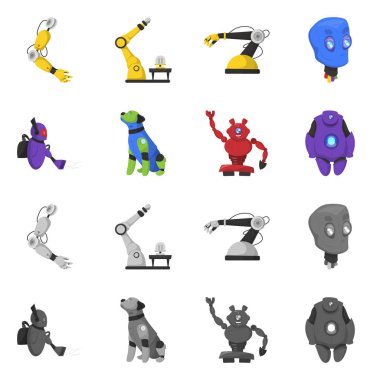 Robot ve fabrika simge vektör Illustration. Hisse senedi için robot ve uzay vektör simge topluluğu.