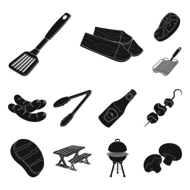 Barbekü ve ekipman set koleksiyonu tasarım için simgeler siyah. Piknik ve kızartmaları sembol stok web illüstrasyon vektör.