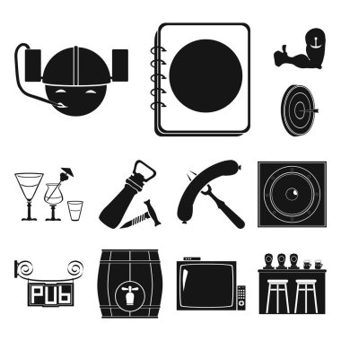Pub, iç ve ekipman set koleksiyonu tasarım için simgeler siyah. Alkol ve yiyecek sembol stok web illüstrasyon vektör.