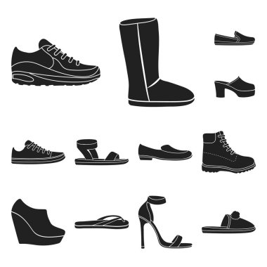 Ayakkabı çeşitli siyah set koleksiyonu tasarım için simgeler. Önyükleme, spor ayakkabı sembol stok web illüstrasyon vektör.