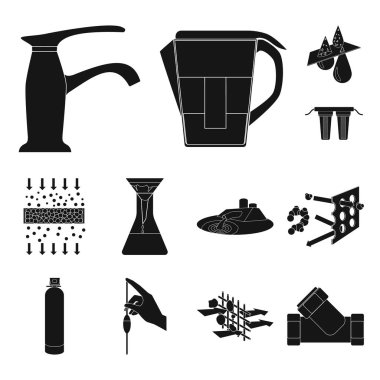 Set koleksiyonu tasarım için su filtrasyon sistemi siyah simgeler. Temizlik ekipmanları vektör simge stok web çizim.