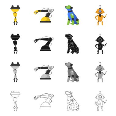 Robot ve fabrika logosu yalıtılmış nesne. Web için robot ve uzay hisse senedi simgesi kümesi.