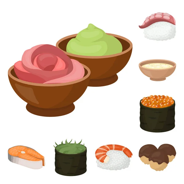 Sushi y condimentos iconos de dibujos animados en la colección de conjuntos para el diseño. Alimentos de mariscos, accesorio vector símbolo stock web ilustración . — Vector de stock