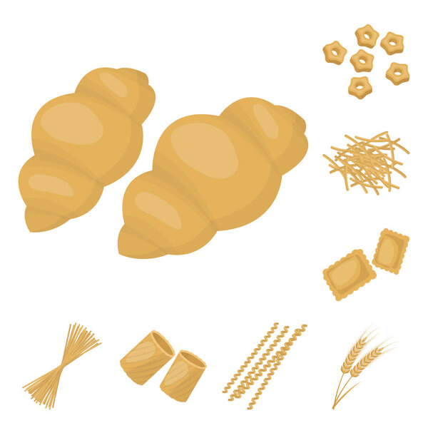 Types of pasta cartoon icons in set collection for design. Figured macaroni for eating vector symbol stock web illustration.