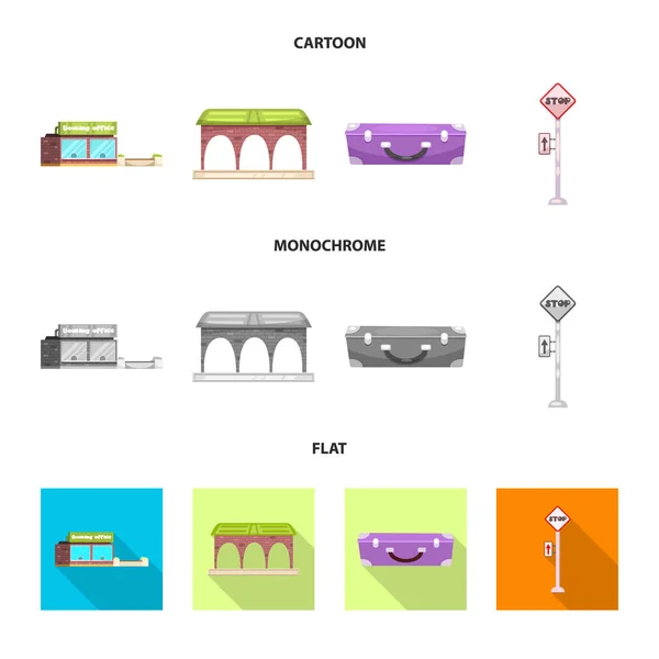 Oggetto isolato di icona treno e stazione. Raccolta dell'illustrazione dei vettori ferroviari e dei biglietti . — Vettoriale Stock
